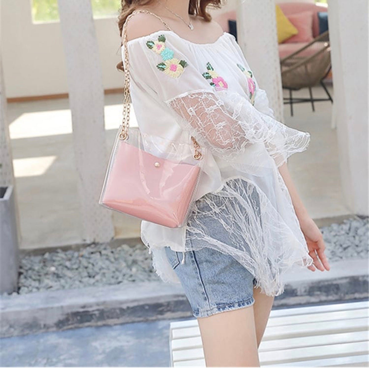 Fashion Clear Pink Purse With Chain Strap